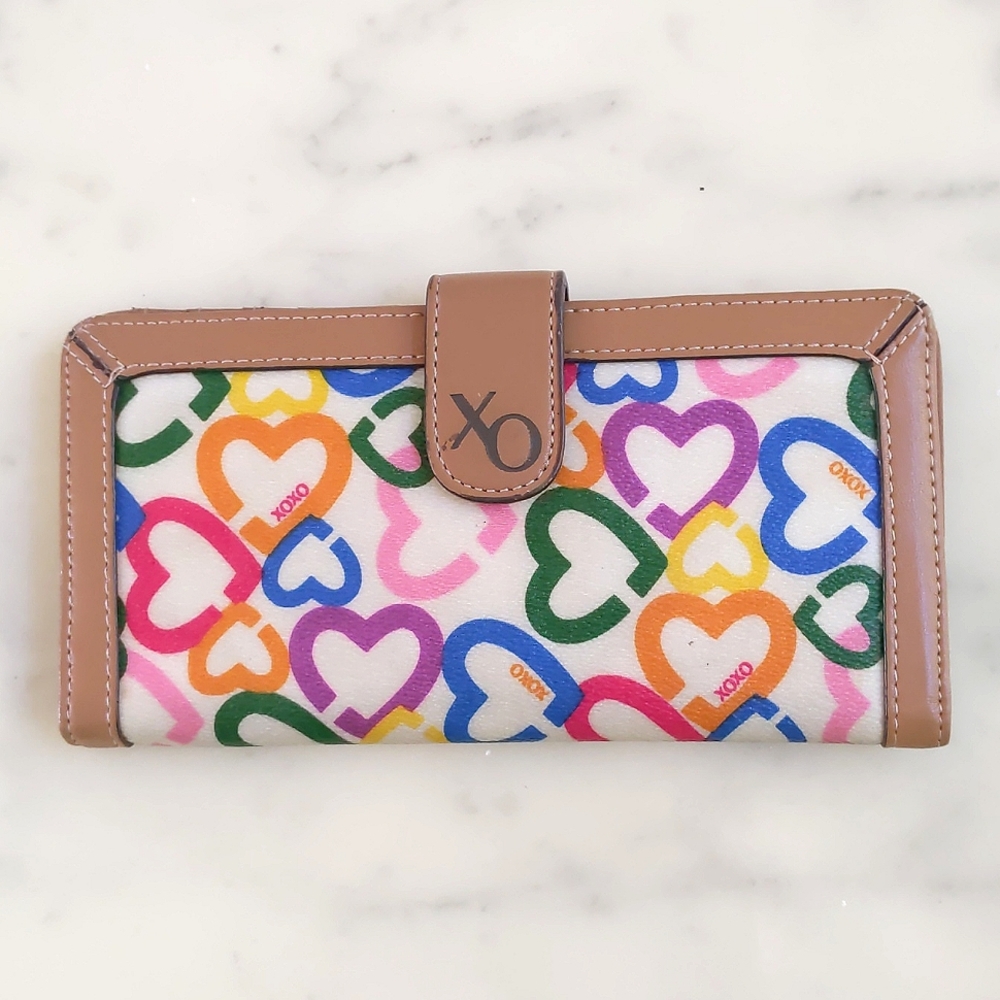 NWOT. XOXO Checkbook Wallet with multi color hearts.